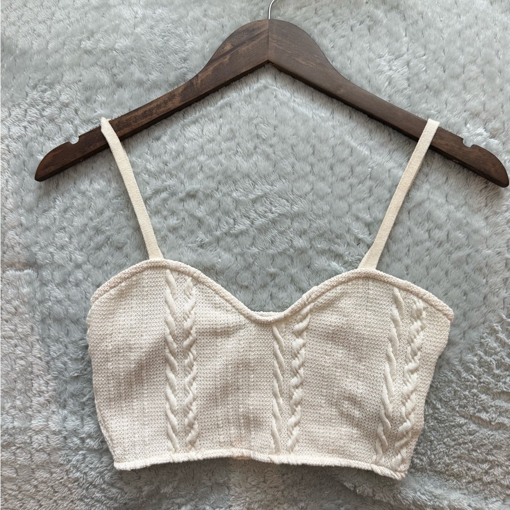 Zara cable knit crop top bandeau cream color braided texture